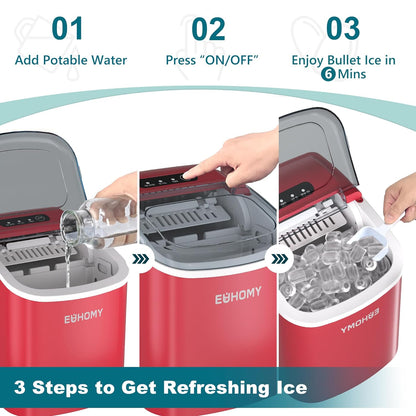 EUHOMY Dart H1 Portable Bullet Ice Maker Countertop With Handle - Red，12 inch, 26 Lbs/24H, Ready 9 Bullets in 6 Mins, Self-Cleaning