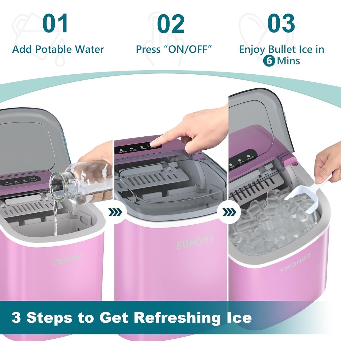 EUHOMY Dart H1 Portable Bullet Ice Maker Countertop With Handle - Pink，12 inch, 26 Lbs/24H, Ready 9 Bullets in 6 Mins, Ultra Quieter