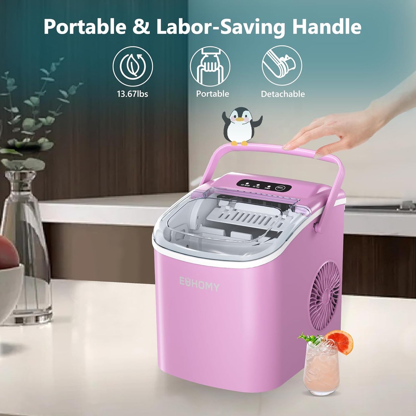 EUHOMY Dart H1 Portable Bullet Ice Maker Countertop With Handle - Pink，12 inch, 26 Lbs/24H, Ready 9 Bullets in 6 Mins, Ultra Quieter