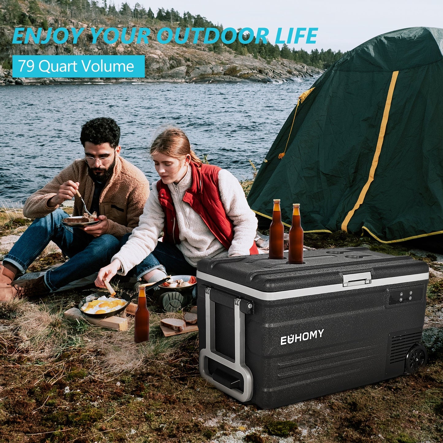 Euhomy 12 Volt Car Refrigerator, 44L, Frost Free, Portable Wheeled Cooler with LCD Panel