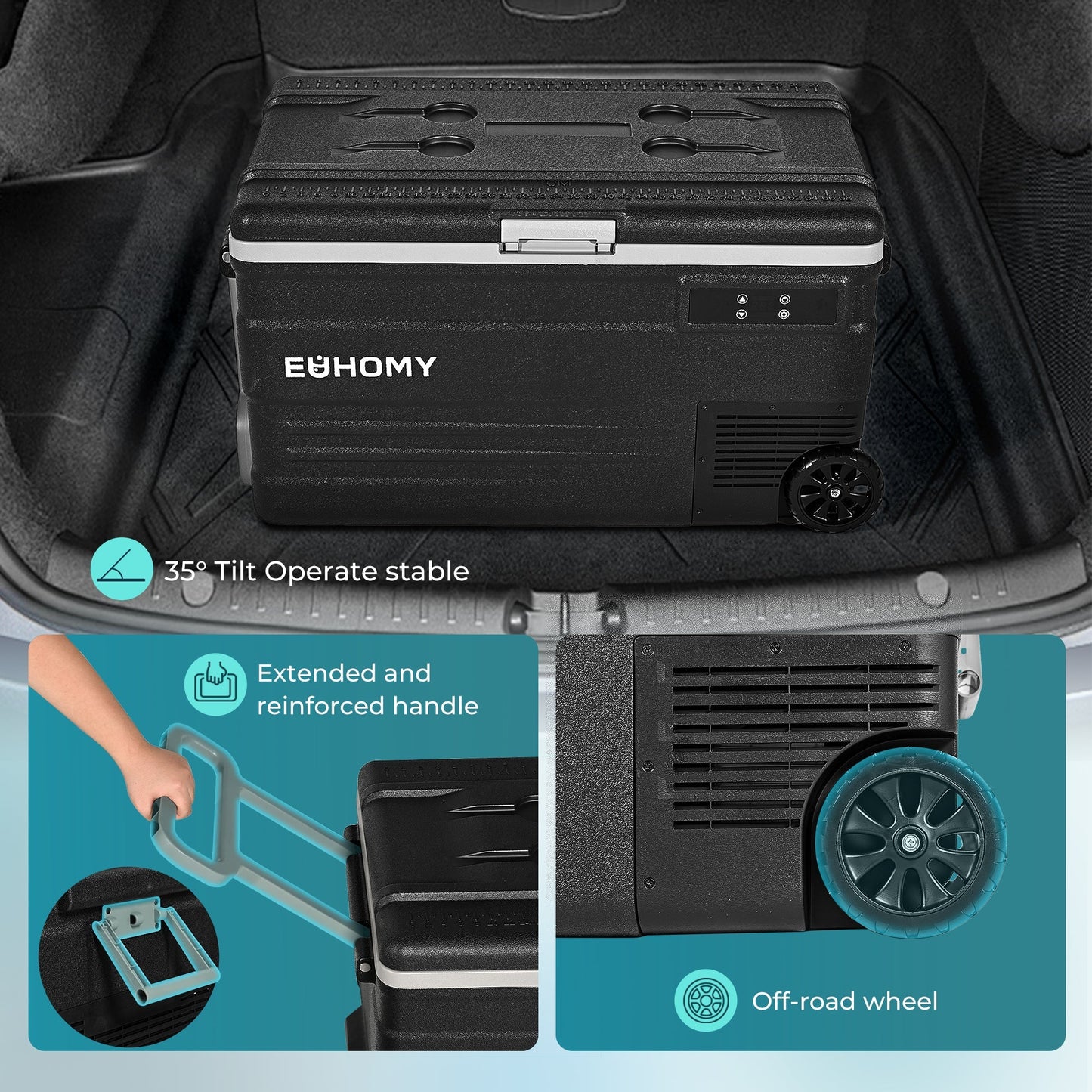 Euhomy 12 Volt Car Refrigerator, 44L, Frost Free, Portable Wheeled Cooler with LCD Panel