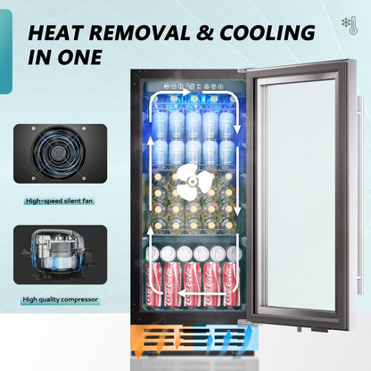 EUHOMY 15 Inch Beverage Refrigerator Cooler Under Counter 127 Cans Beverage Fridge with Glass Door Wine Cooler