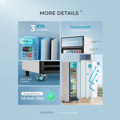 EUHOMY Commercial Display Refrigerator Glass Door Merchandiser Drink Fridge