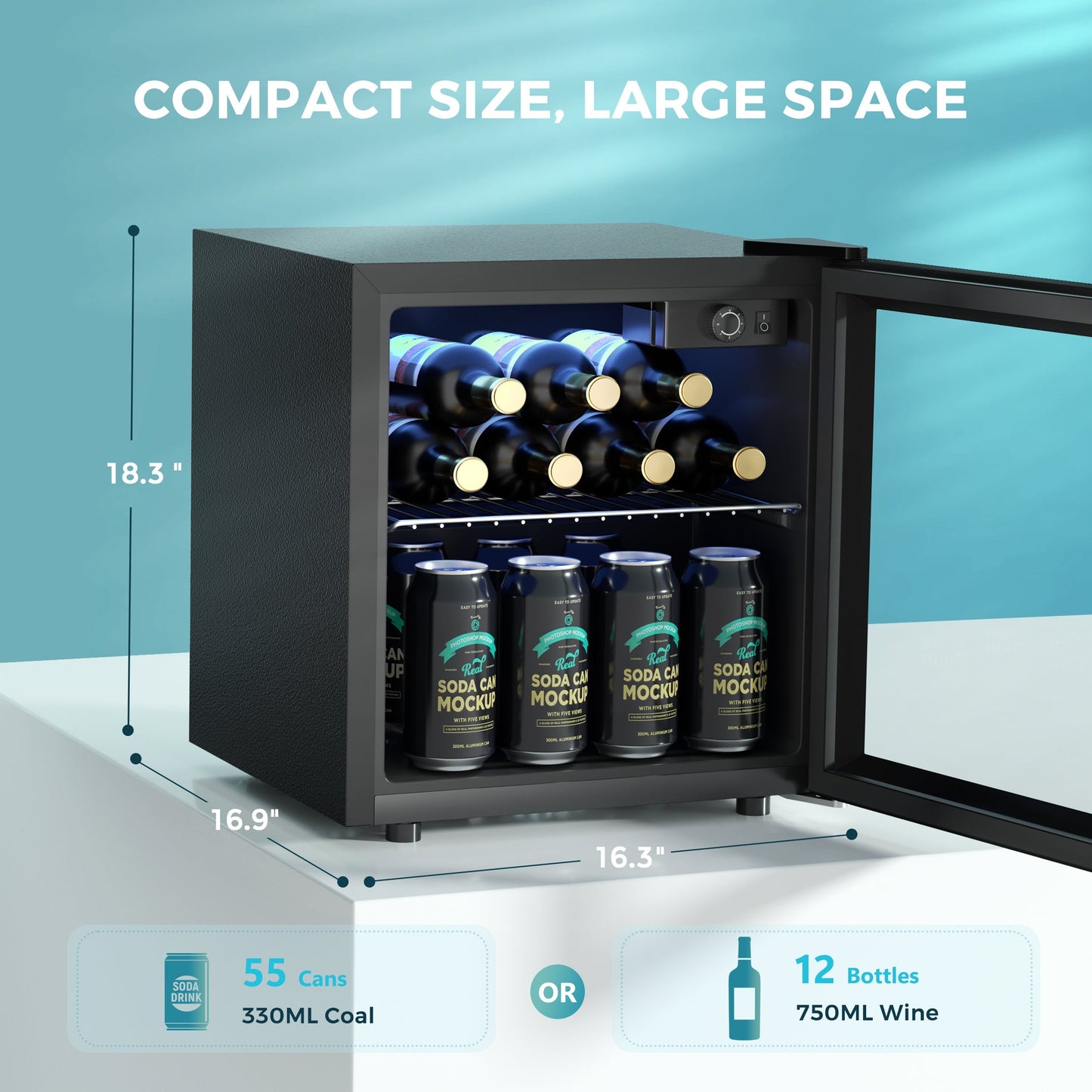 EUHOMY 55 Can Beverage Refrigerator Cooler-Mini Fridge Glass Door (1.3cu.ft) Wine Cooler