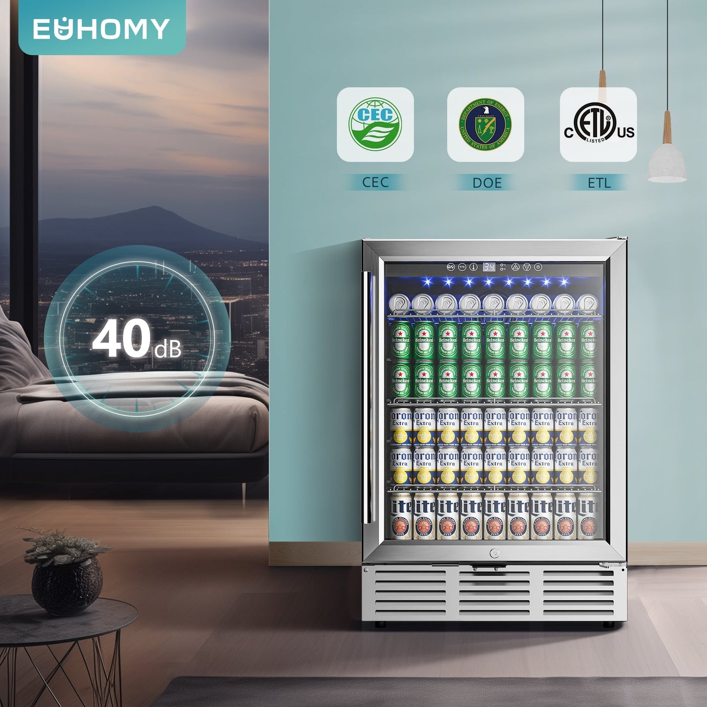 EUHOMY Beverage Refrigerator Under Counter Beer Fridge Large Capacity Wine Cooler