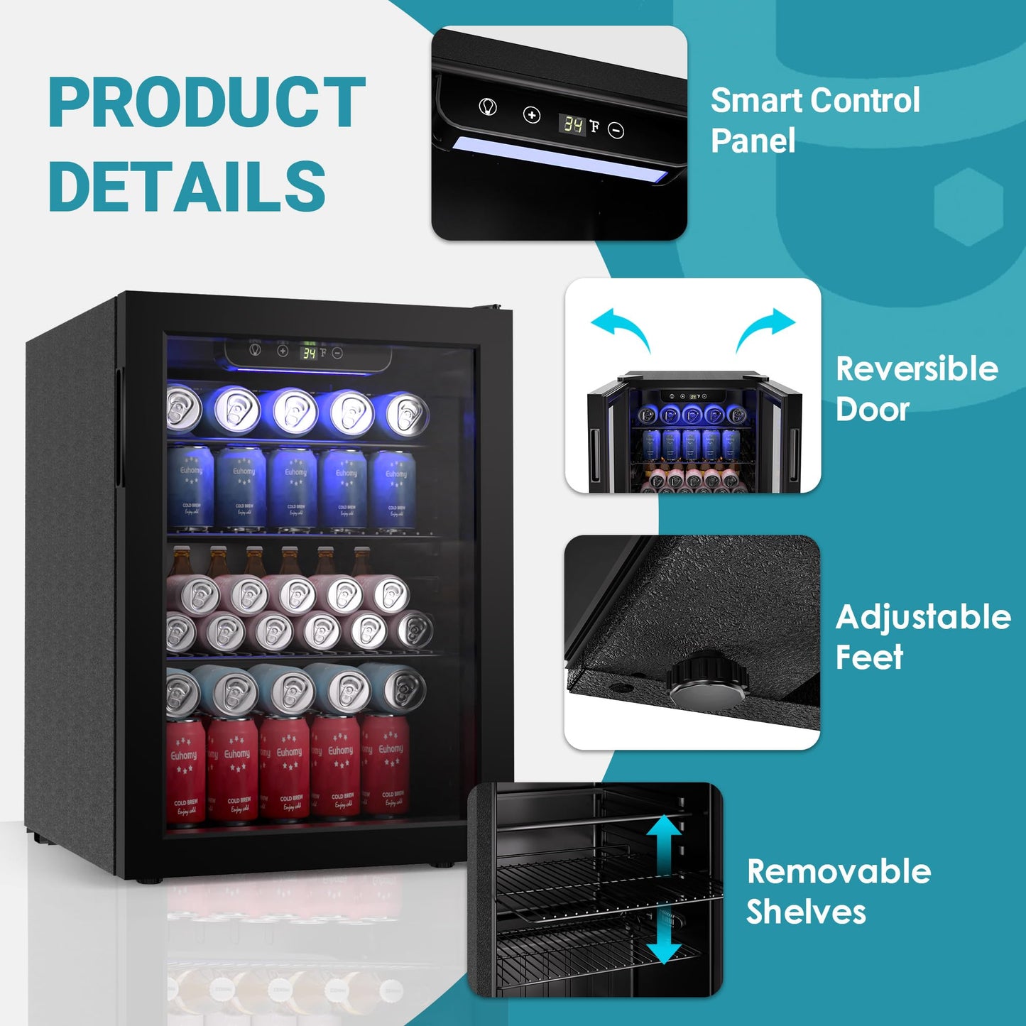 EUHOMY 100 Can Mini Fridge Glass Door Beverage Refrigerator Cooler
