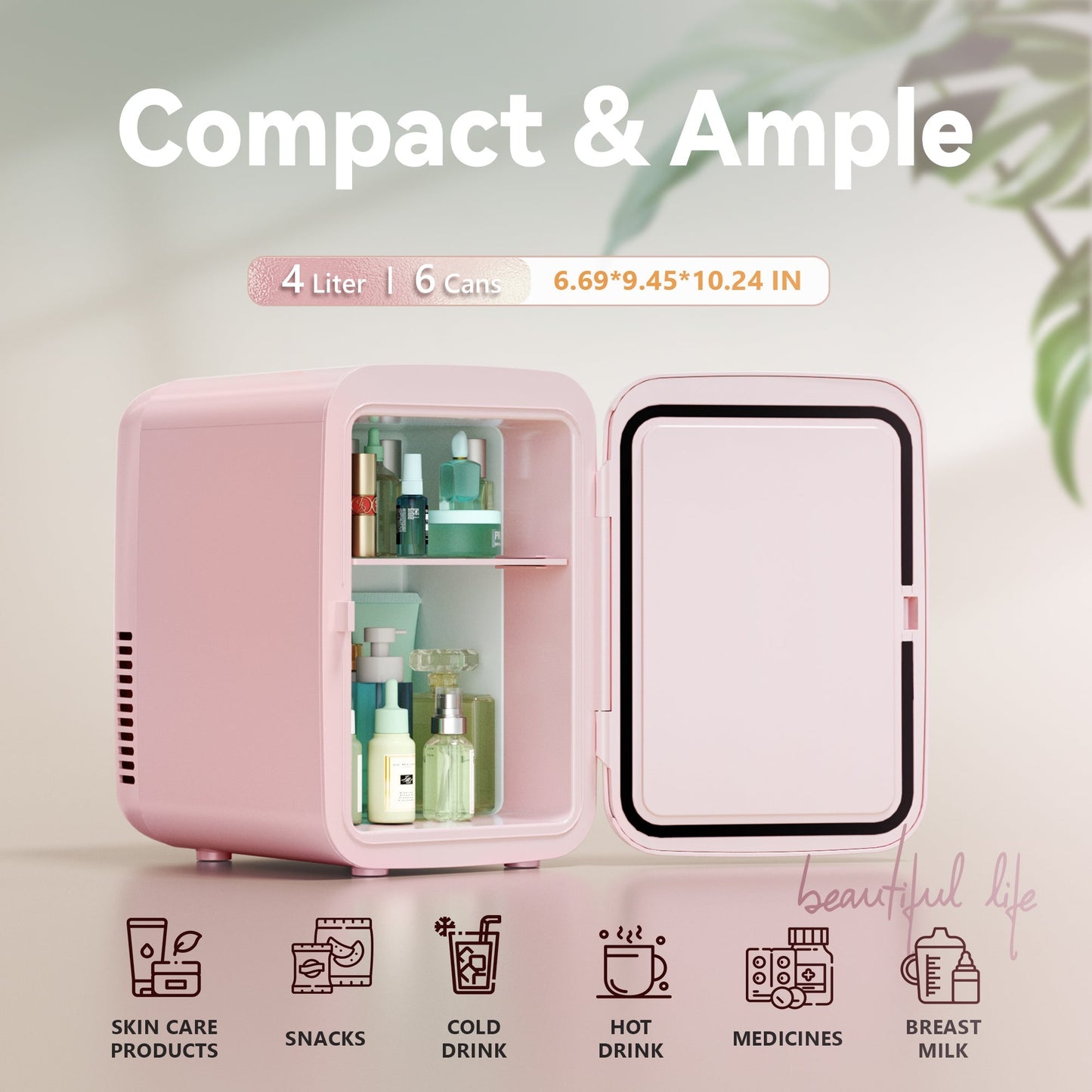 EUHOMY Mini Beauty Fridge, 4L, 110V – Skincare, Makeup & Drink Storage, Available in Black, White & Pink