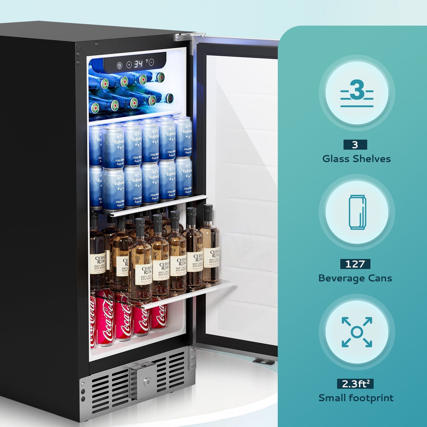 EUHOMY Beverage Refrigerator 15 Inch Under Counter 127 Can Wine Cooler